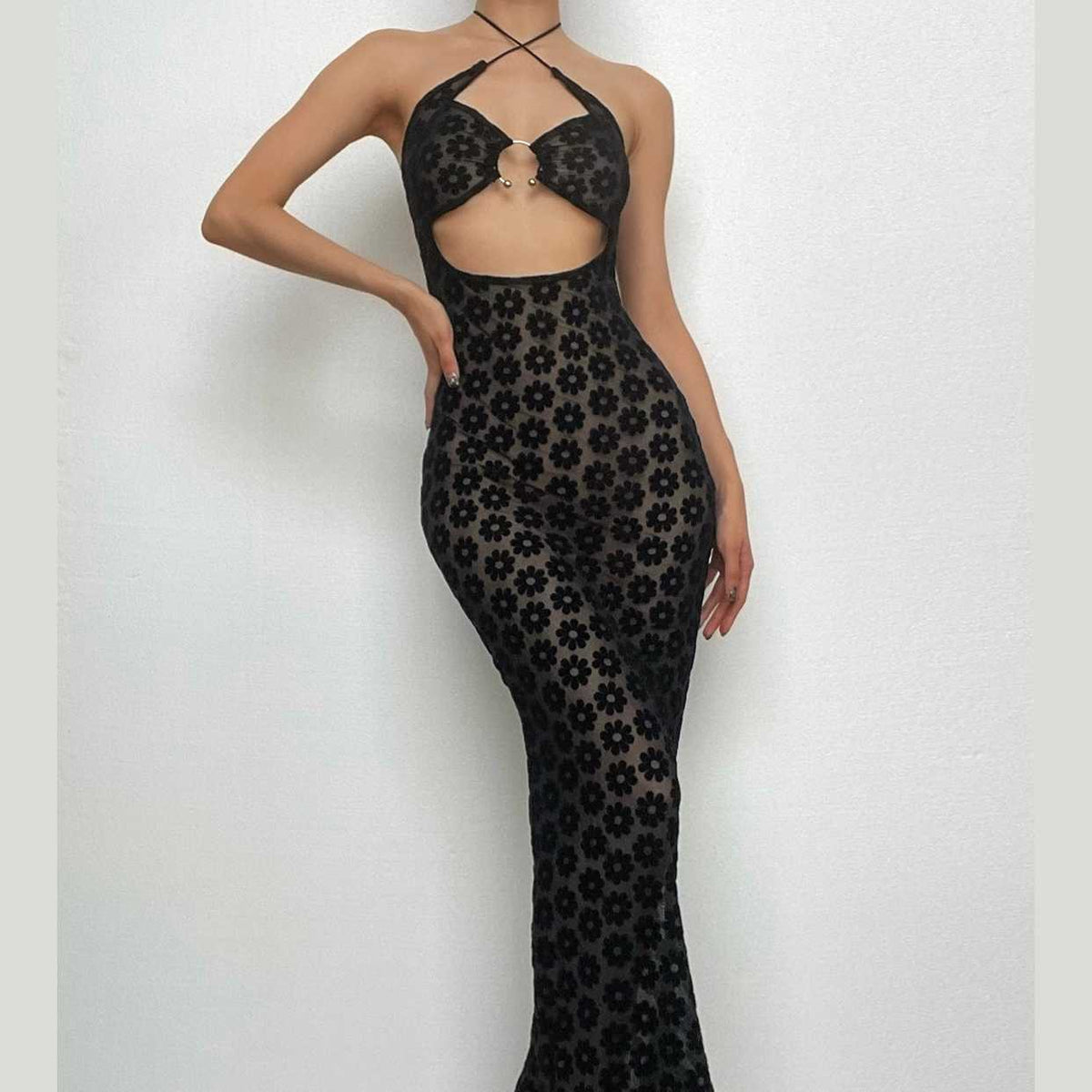 Floral Mesh Halter Neck O Ring Cut Out Bodycon Maxi Dress - View 10