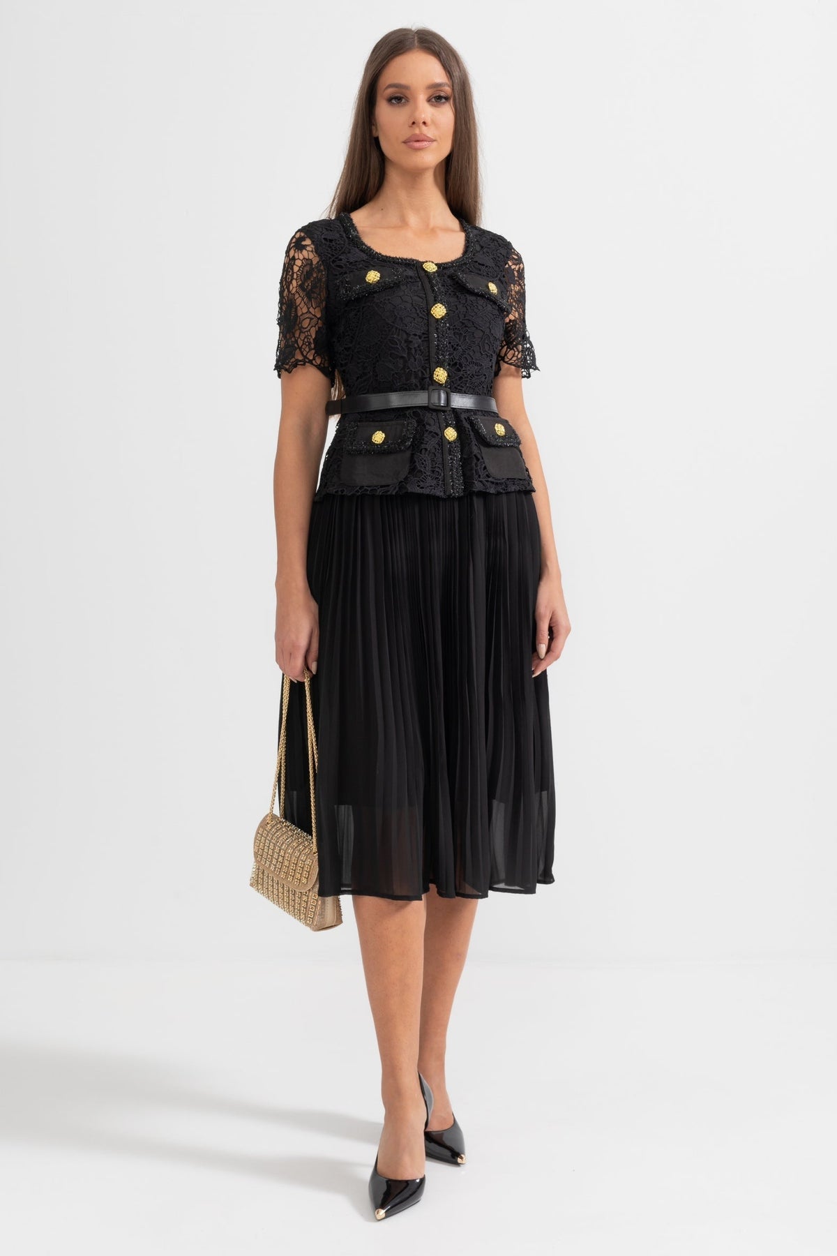 Lace Short Sleeve Scoop Neck Button Front Belted Pleated Midi Dress