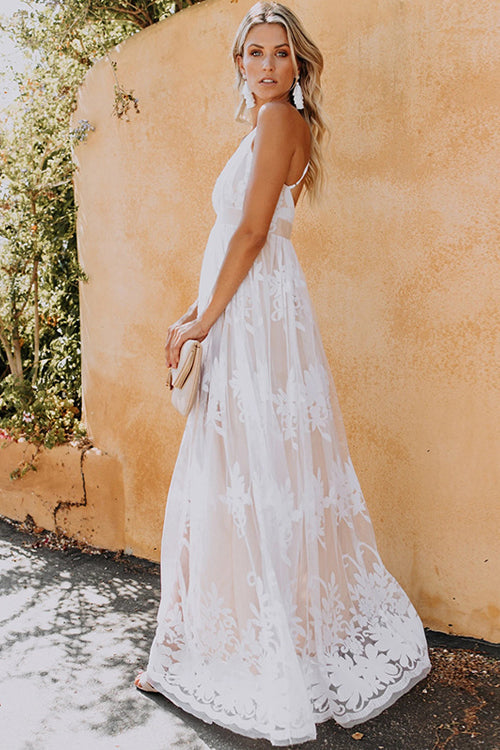 Deep V-Neck Halter Floral Lace Maxi Dress 2