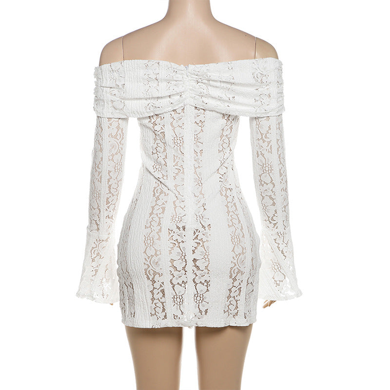 Off Shoulder Lace Bell Sleeve Ribbon Tie Bodycon Mini Dress - View 9