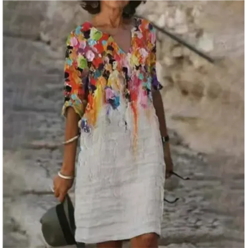 V-Neck Three Quarter Sleeve Relaxed Fit Knee Length Shift Dress - View 10