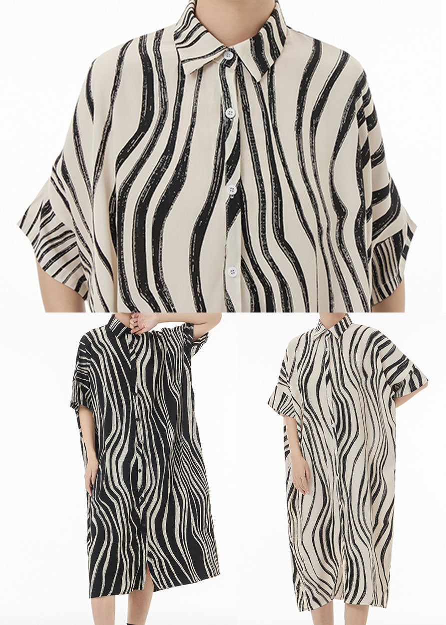 Oversized Button Front Short Sleeve Abstract Stripe Shirt Midi Dress - View 5