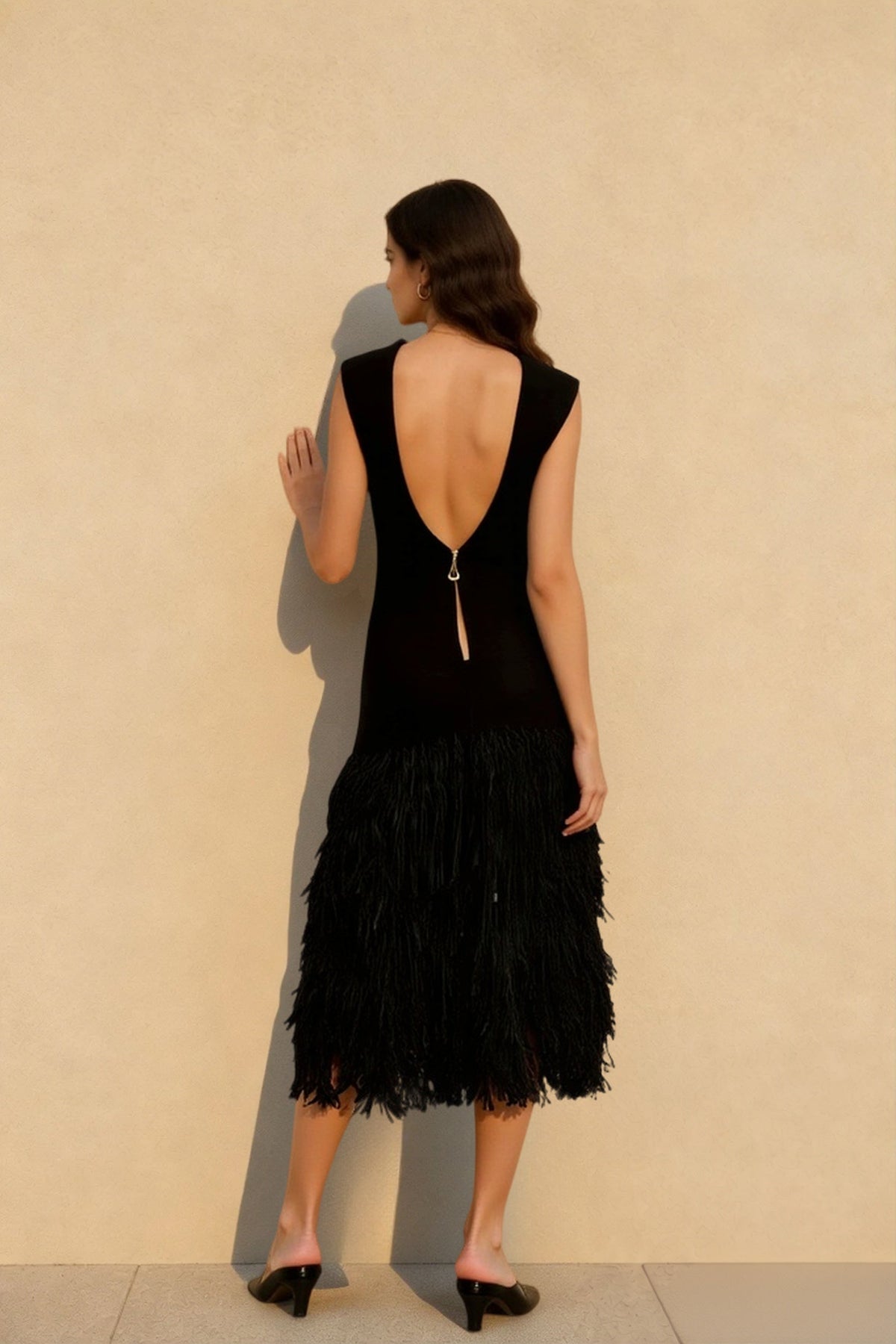 Solid Raffia Panel Knit Midi Cocktail Dress