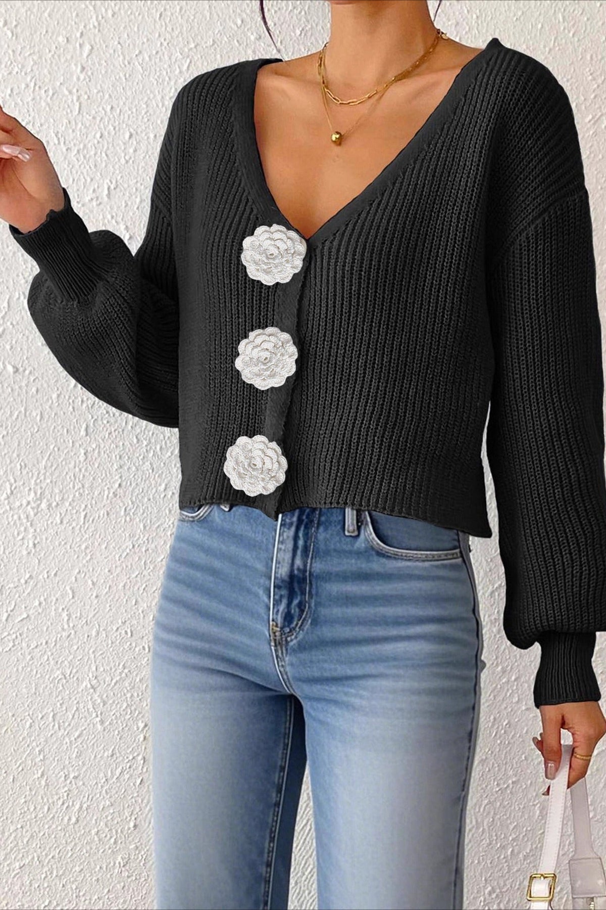 Button Front Crochet Knit Crop Sweater