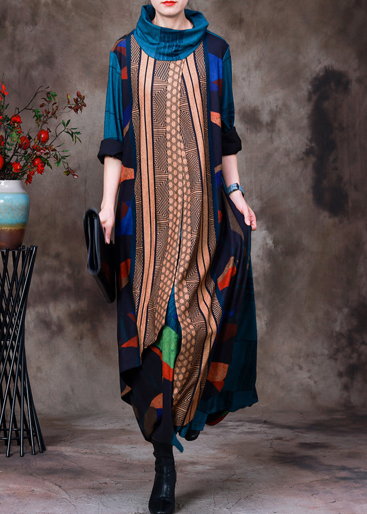 Geometric Patchwork Cowl Neck Long Sleeve Asymmetric Maxi Dress