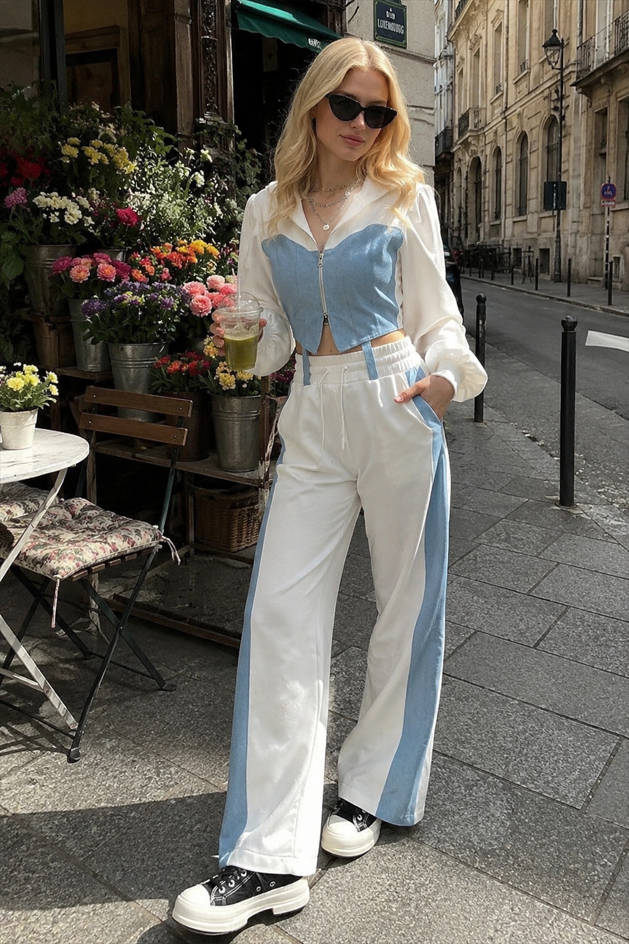 Color Block Hoodie Denim Two Piece Pants Set