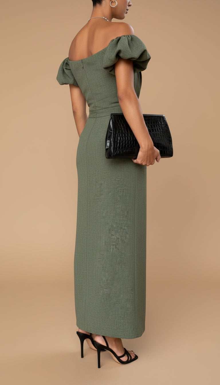 Off Shoulder Puff Sleeve Pleated Bodice Column Maxi Dress 2