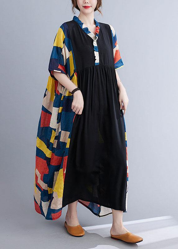 Colorblock Patchwork Ruffle Collar Button Front Maxi Dress