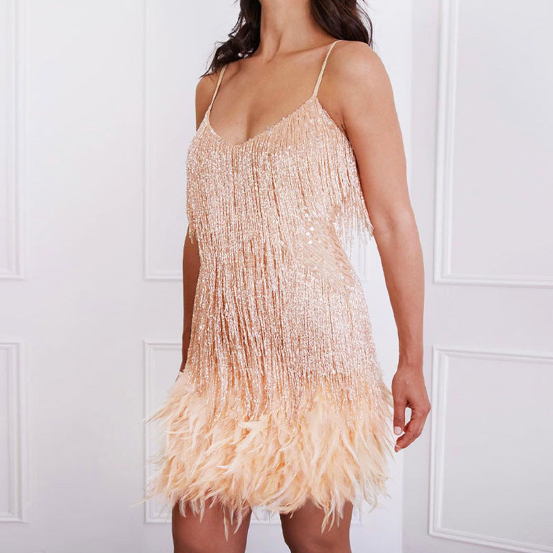 Sequin Feather Fringe Spaghetti Strap Bodycon Mini Dress - View 4