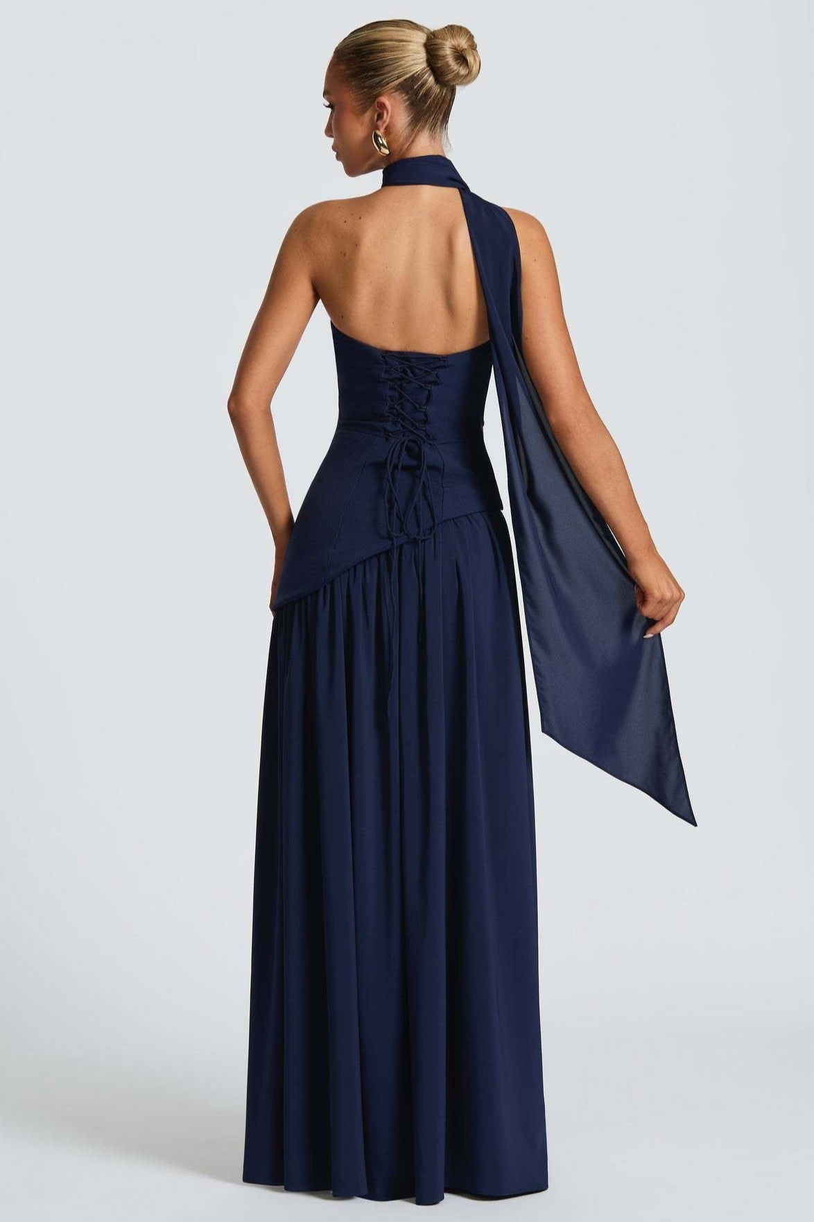 Strapless Scarf Neck High Split Draped Maxi Gown - View 14