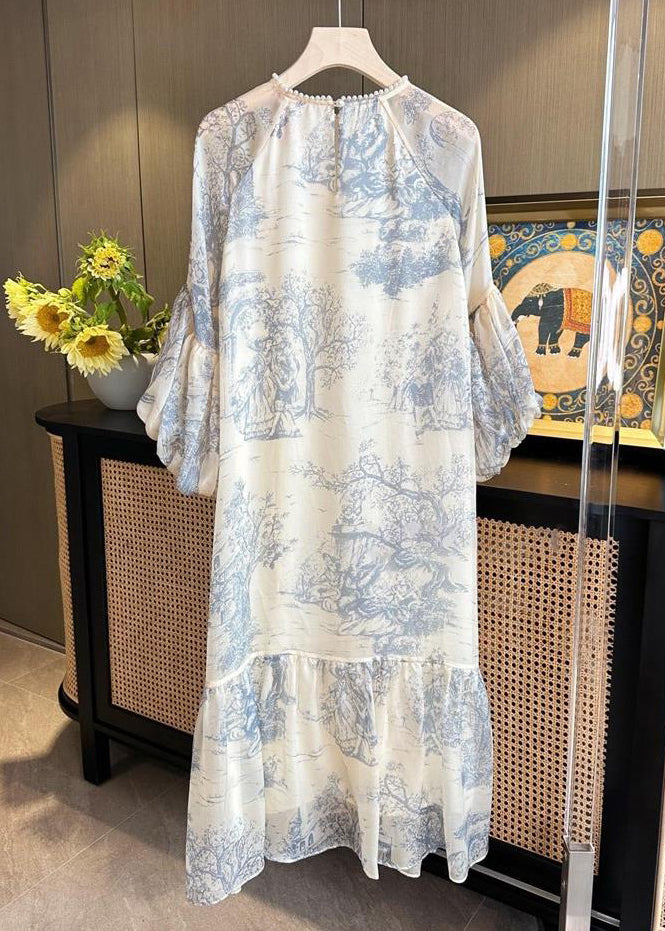 Toile Print Pearl Trim Crew Neck Balloon Sleeve Tiered Midi Dress - View 2