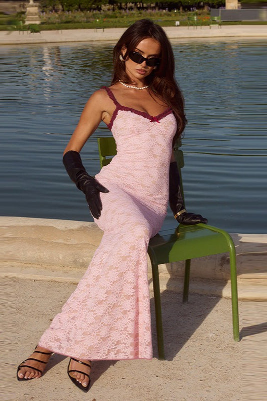 Sweetheart Contrast Trim Bow Lace Bodycon Maxi Dress 2