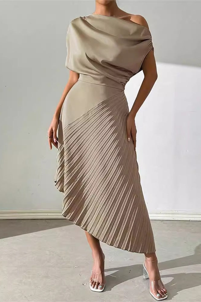 Satin One Shoulder Ruched Pleated Asymmetric Midi Dress - View 4