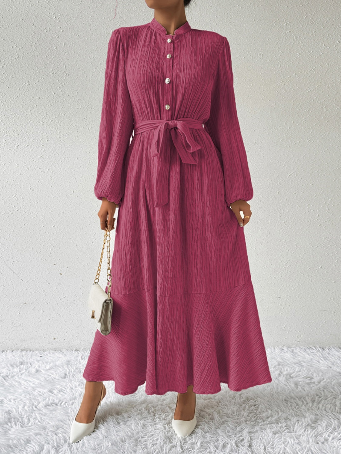 Plisse Mandarin Collar Button Front Bishop Sleeve Tie Waist Tiered Maxi Dress
