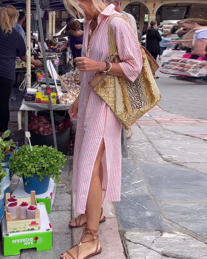 Striped Button Down Collared Three Quarter Maxi Shirt Dress