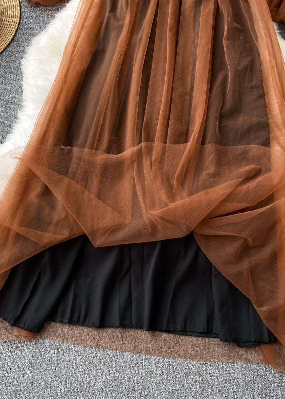 Mesh Square Neck Puff Sleeve Pleated Tulle Overlay Maxi Dress - View 4