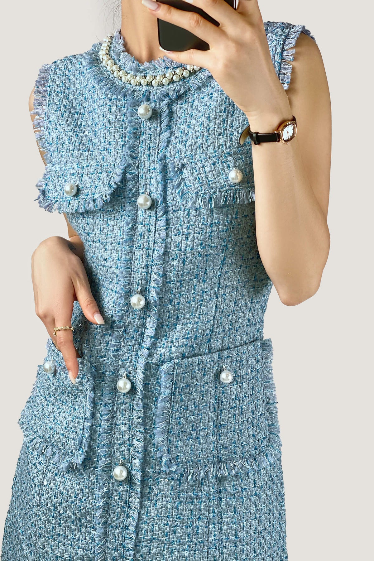Pearl Collar Raw Fringe Trim Tweed Sleeveless Mini Dress - View 12