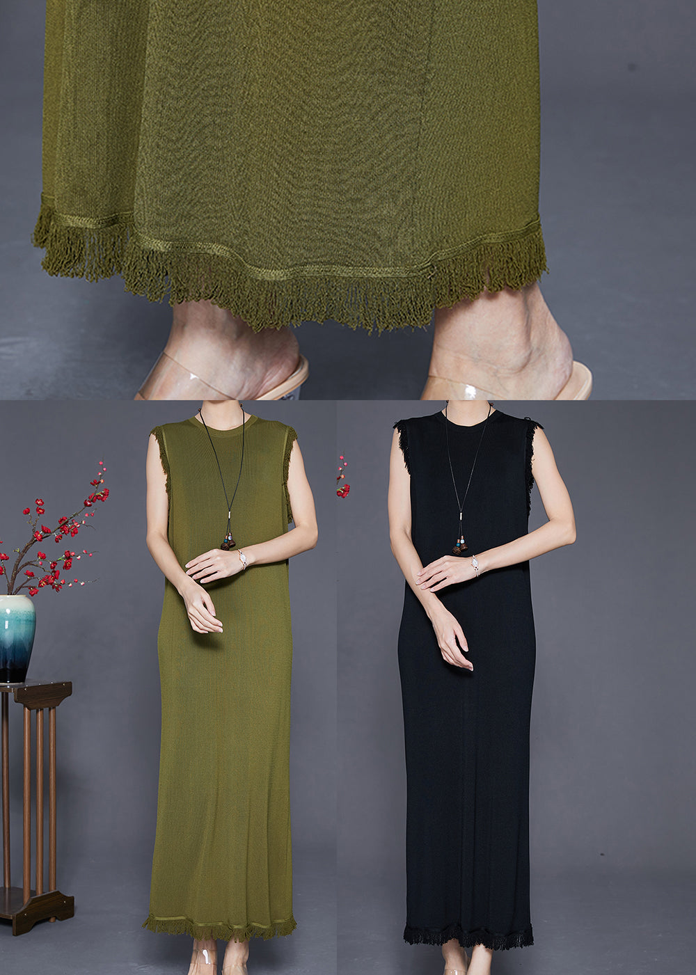 Knit Sleeveless Fringe Trim Crew Neck Column Maxi Dress - View 5