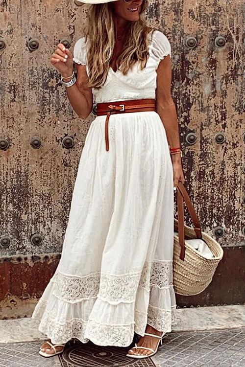Eyelet V-Neck Puff Sleeve Gathered Waist Tiered Floral Maxi Dress