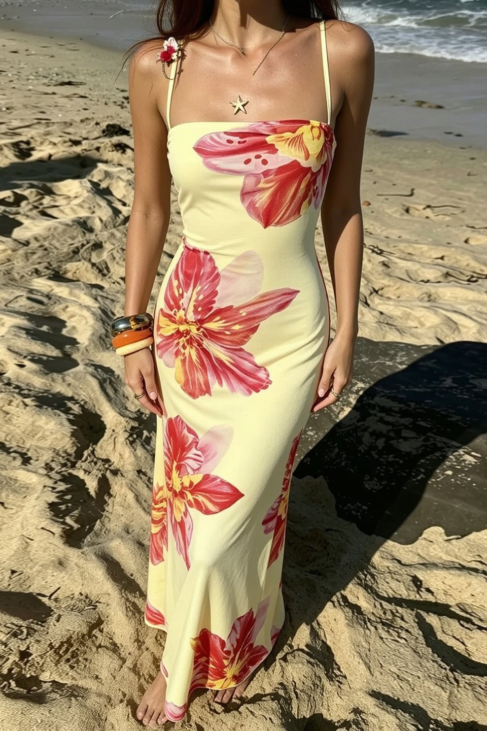 Tropical Floral Cowl Neck Spaghetti Strap Satin Slip Maxi Dress 3