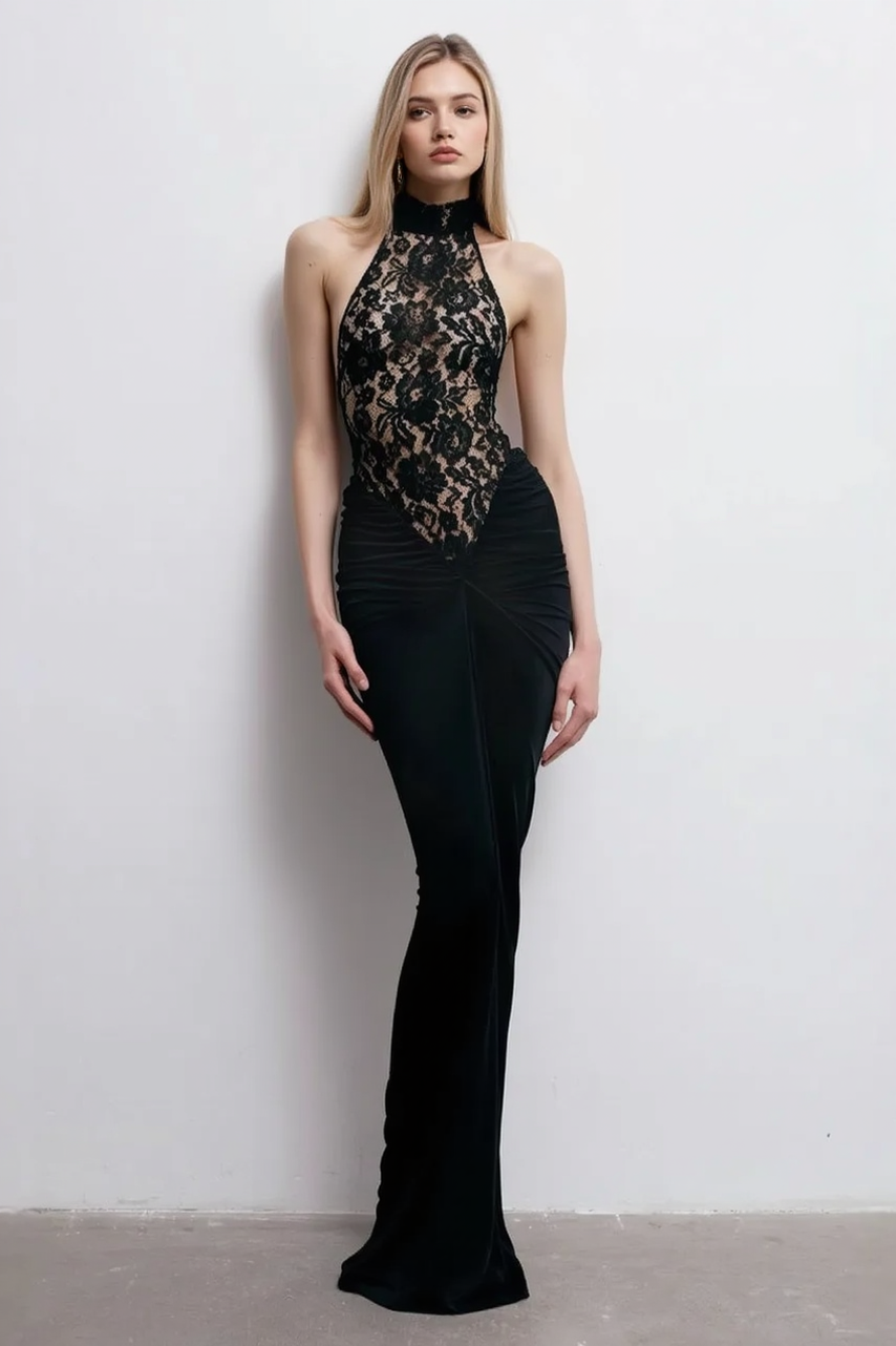 Halter Neck Lace Bodice Backless Ruched Maxi Gown