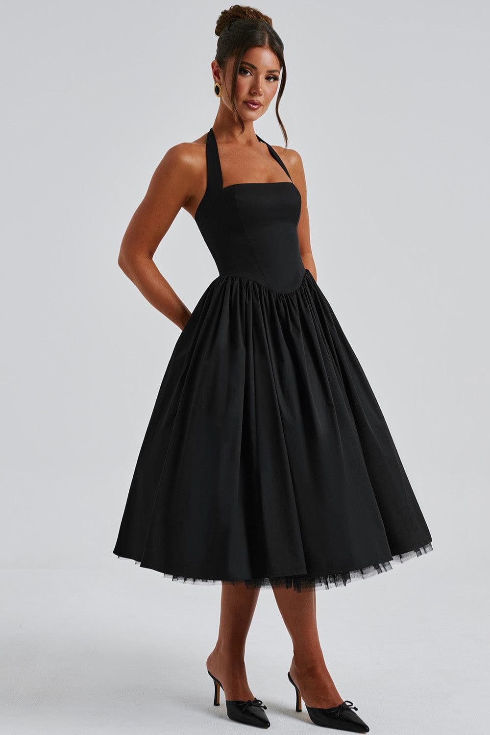 Halter Neck Basque Waist Pocket Gathered A-Line Midi Party Dress - View 6