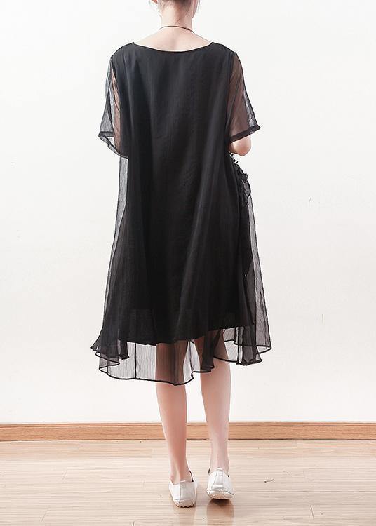 Sheer Overlay Crew Neck Short Sleeve Tie Waist Shift Midi Dress - View 4