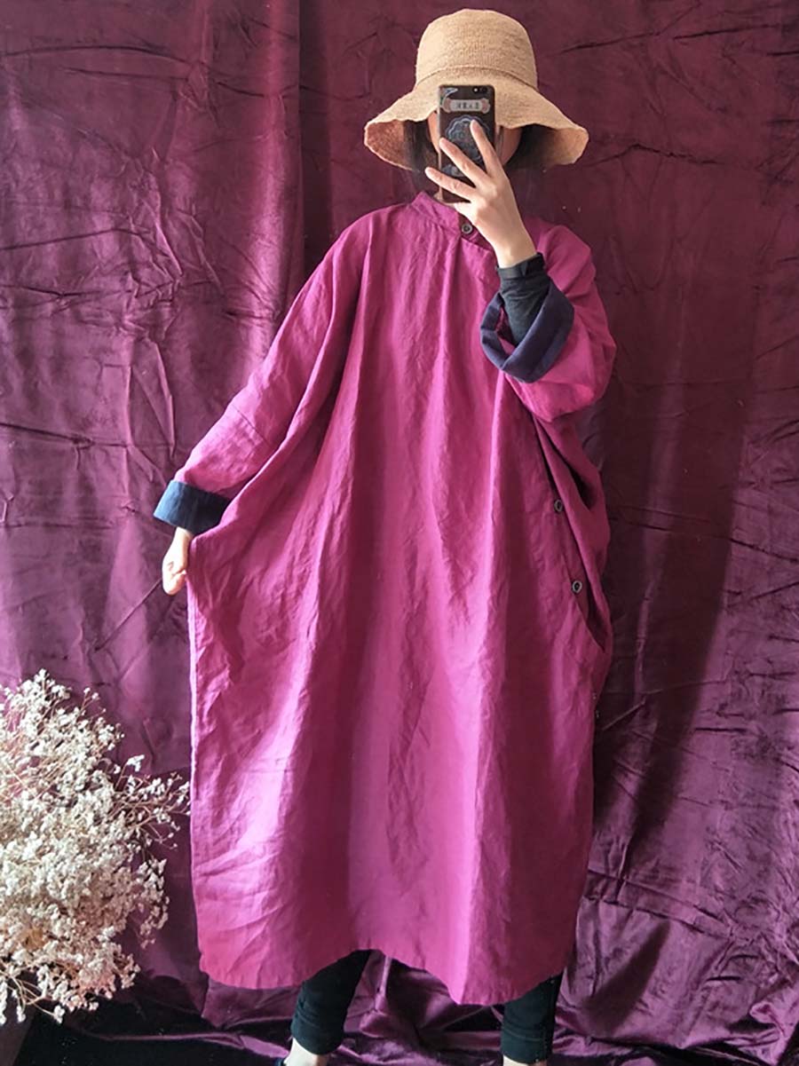 Mandarin Collar Long Sleeve Side Button Oversized Shirt Maxi Dress