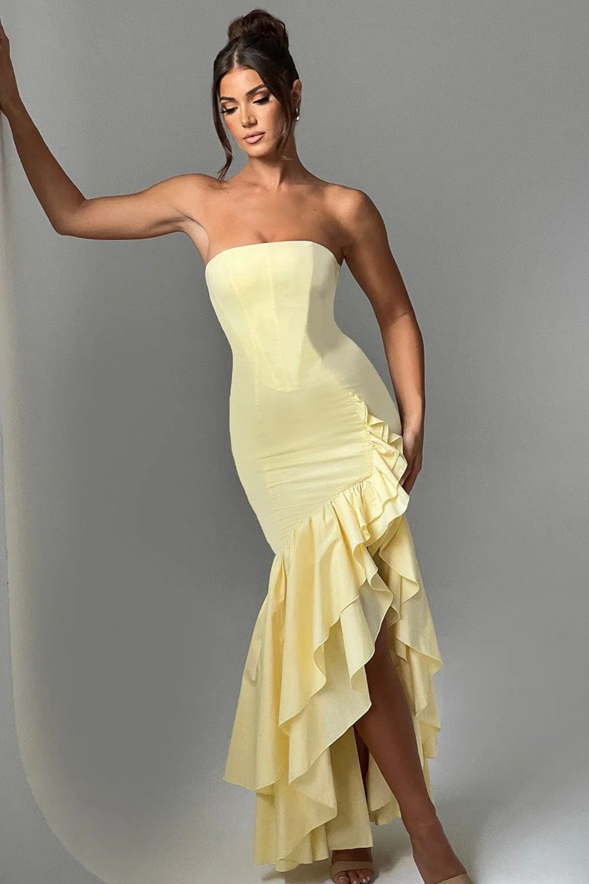 Strapless High Split Ruffle Slim Mermaid Maxi Prom Dress - View 9