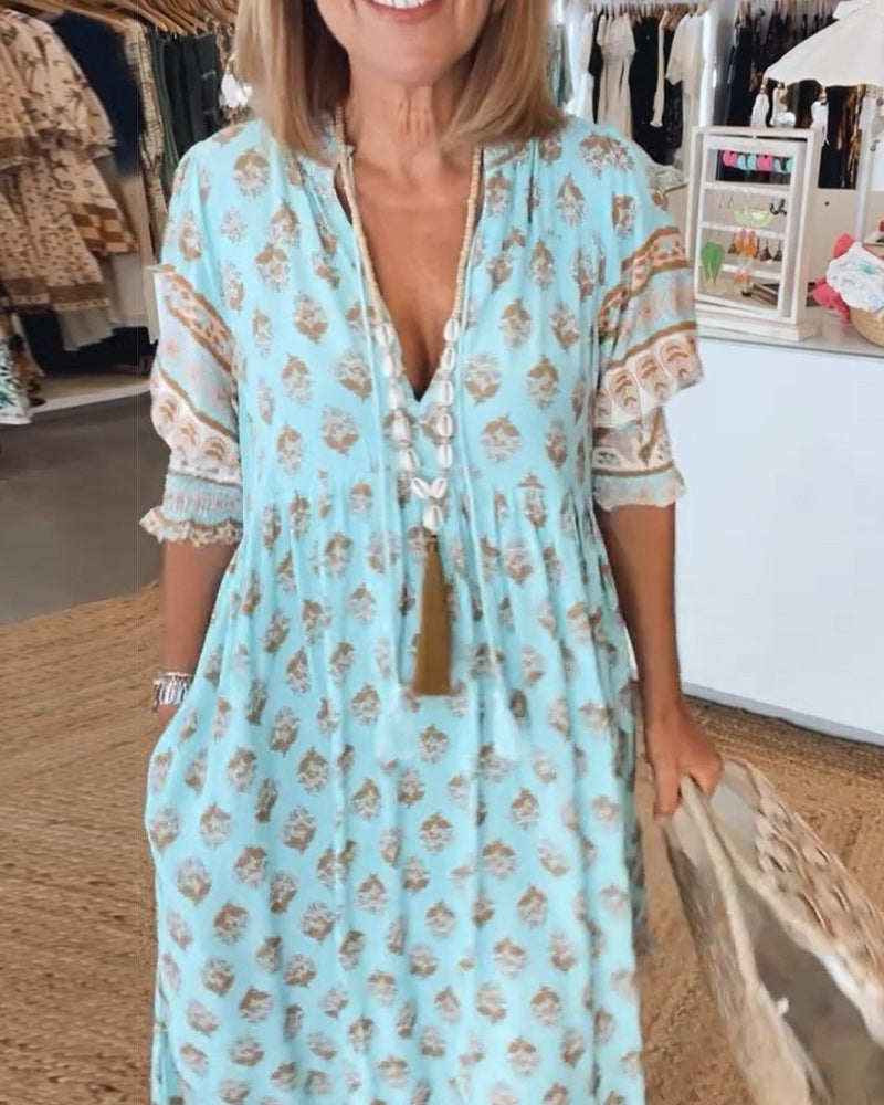 Printed V-Neck Ruffle Short Sleeve Tiered Maxi Dress 3