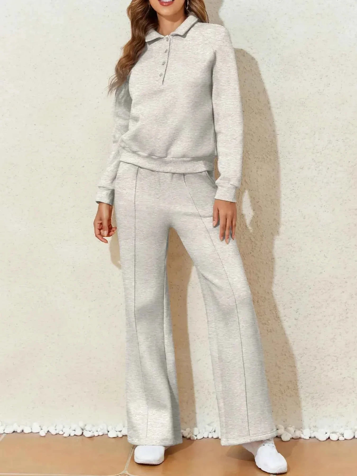 Collared Sweatshirt and High Waist Pants Active Set