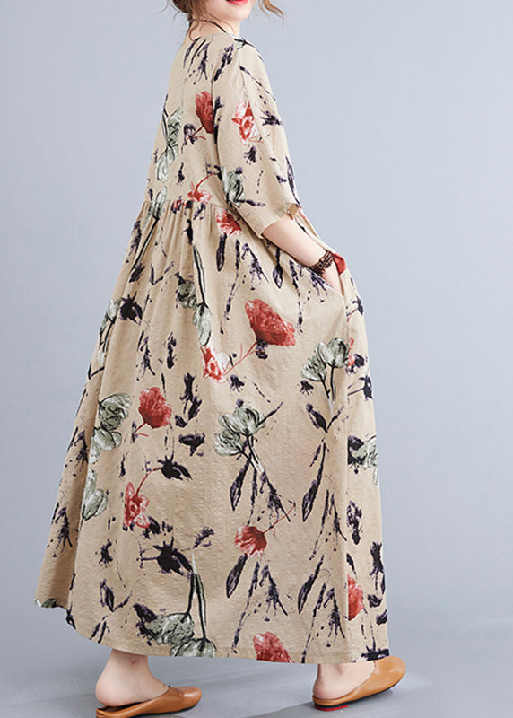 Floral Print Round Neck Elbow Sleeve Empire Waist Oversized Maxi Dress - View 4