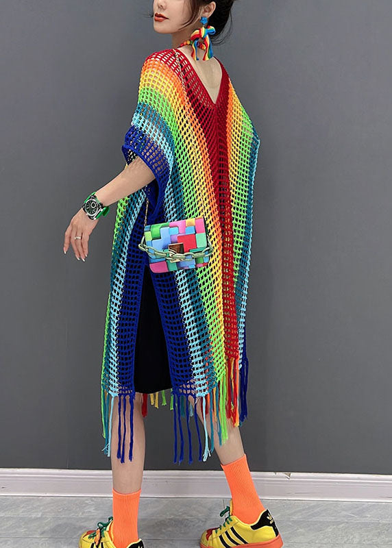 V-Neck Crochet Mesh Oversized Fringe Hem Mini Dress - View 4
