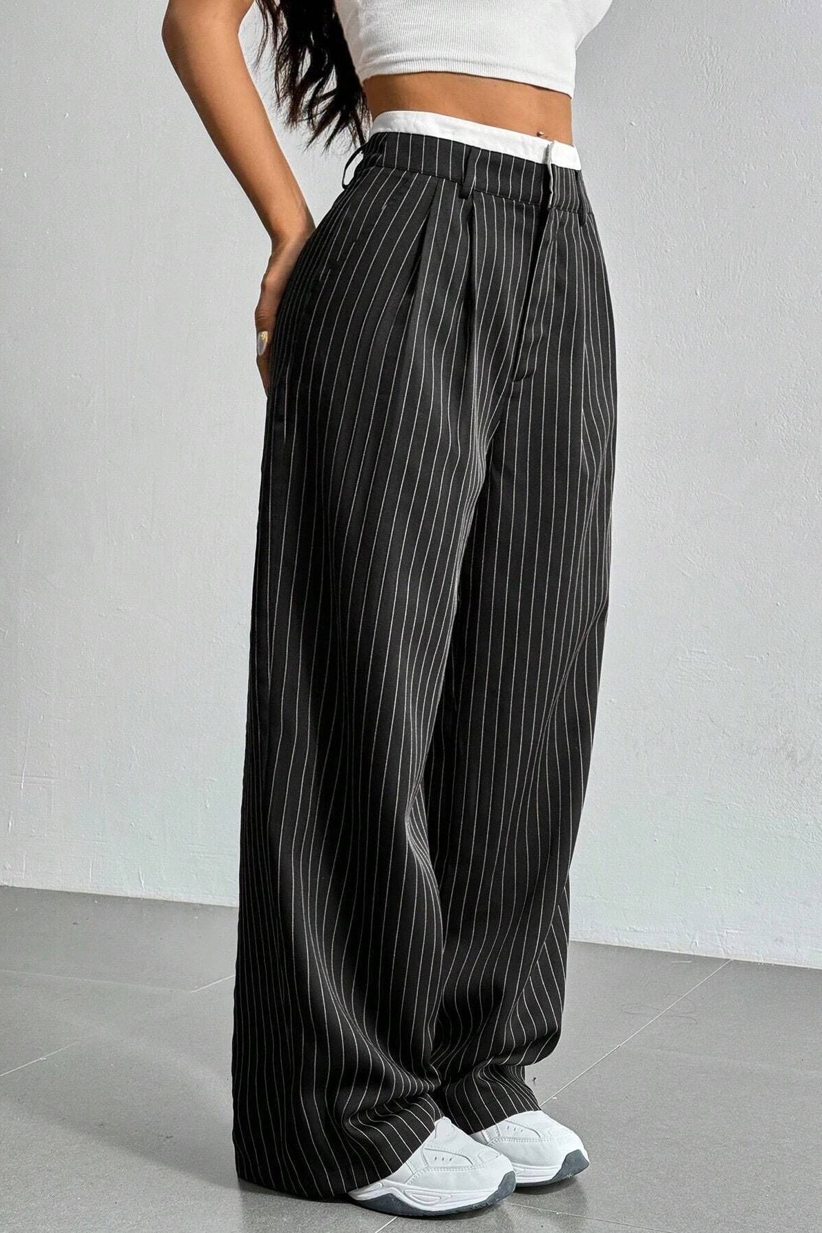 Patchwork Stripe High Waist Straight Pants