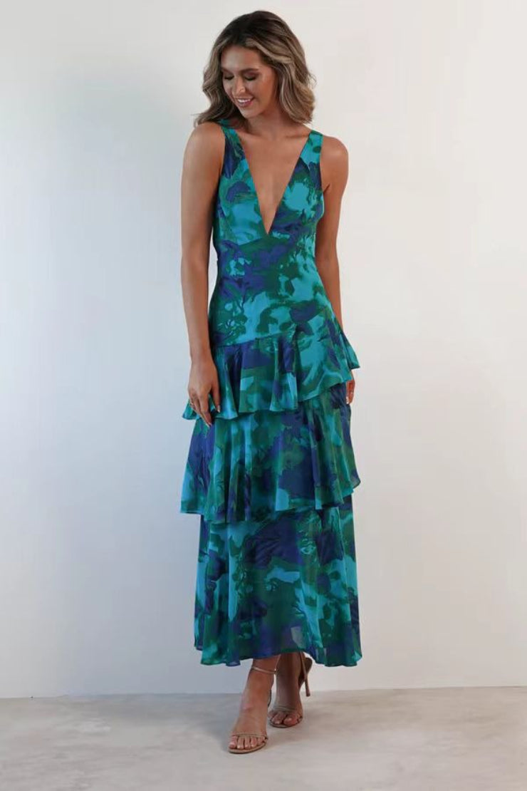 Floral Deep V-Neck Sleeveless Tiered Ruffle Chiffon Maxi Dress - View 3