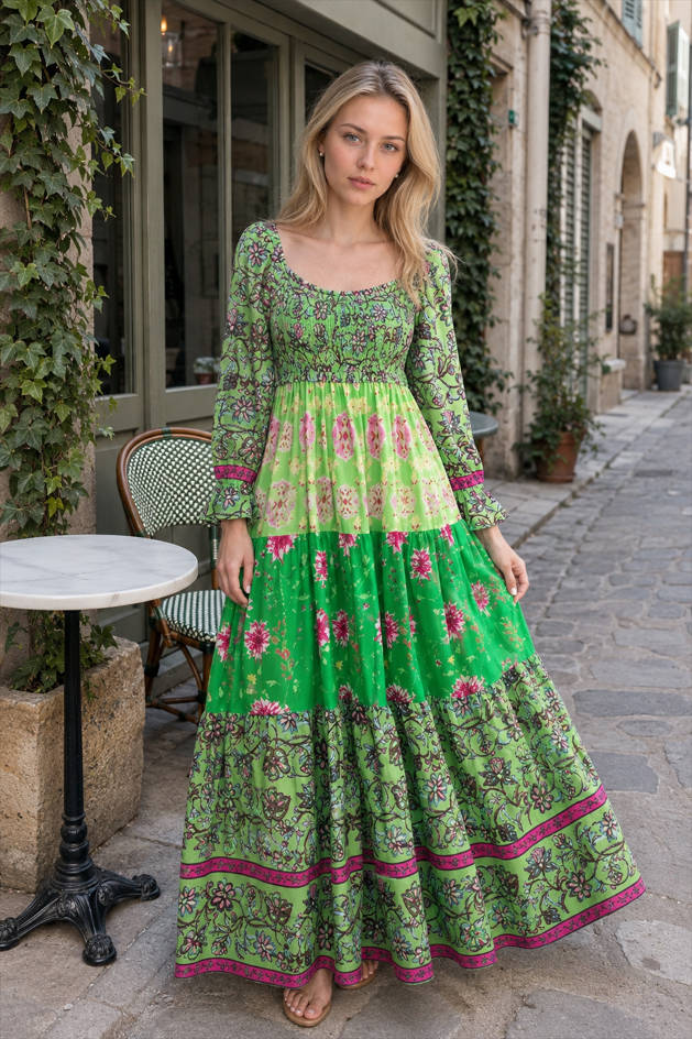 Floral Square Neck Long Sleeve Smocked Tiered Maxi Dress