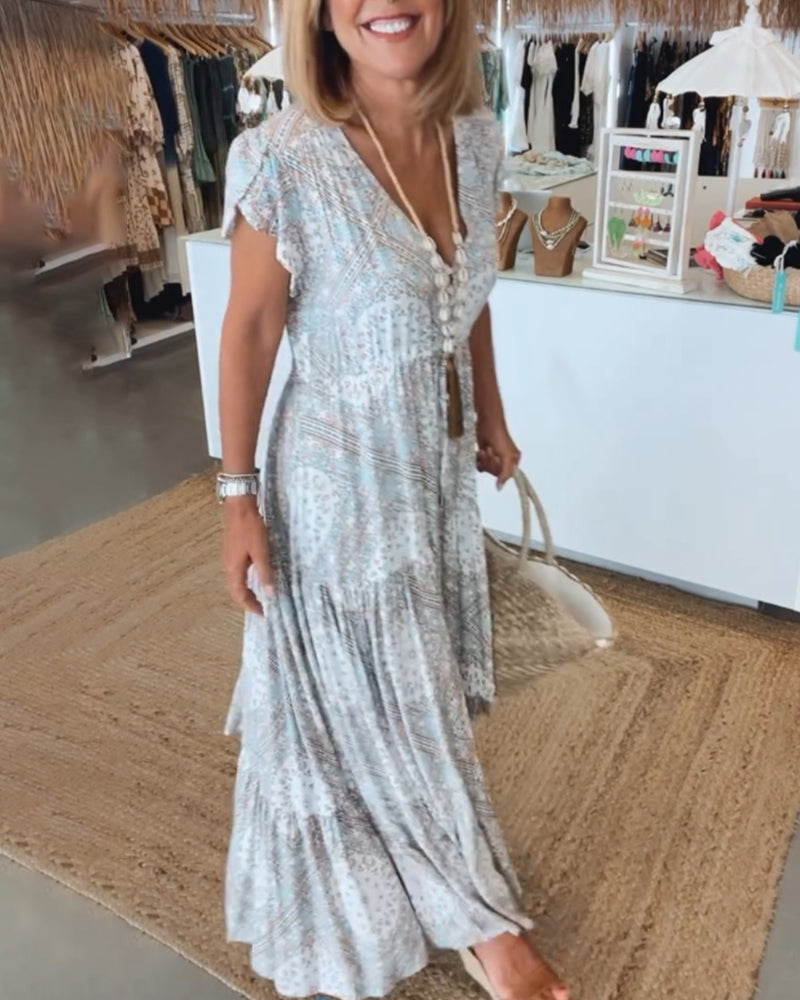 V-Neck Flutter Sleeve Buttoned Tiered Boho Maxi Dress