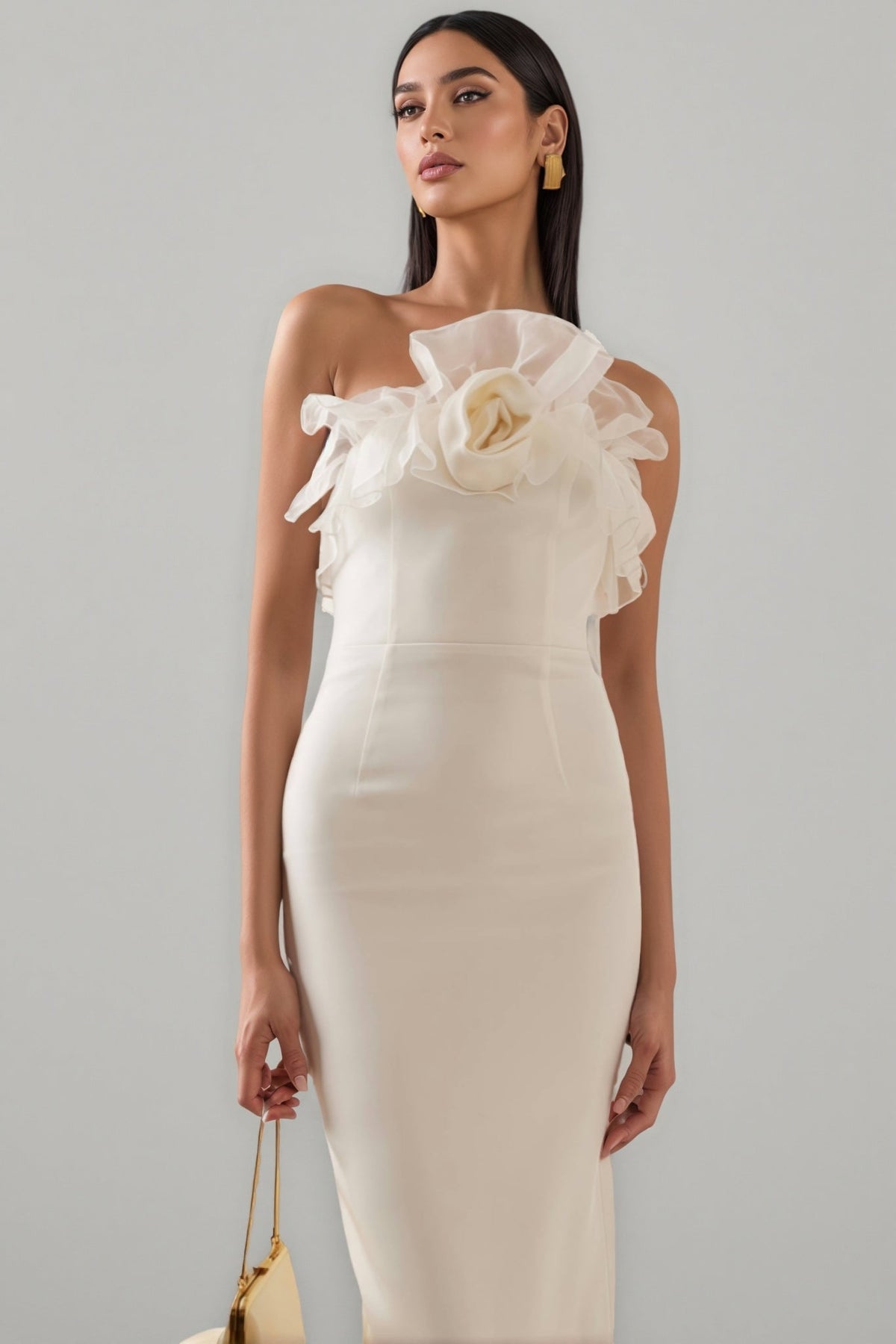 Zaretp White Ruffled Silk Midi Dress - View 2