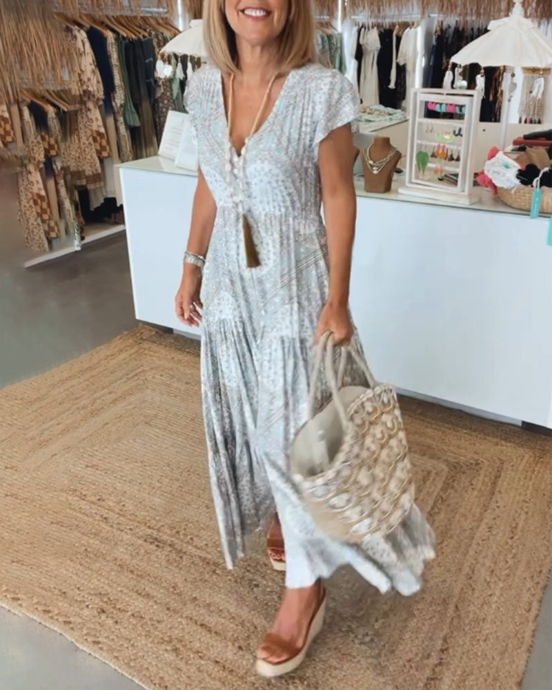 V-Neck Flutter Sleeve Buttoned Tiered Boho Maxi Dress - View 2