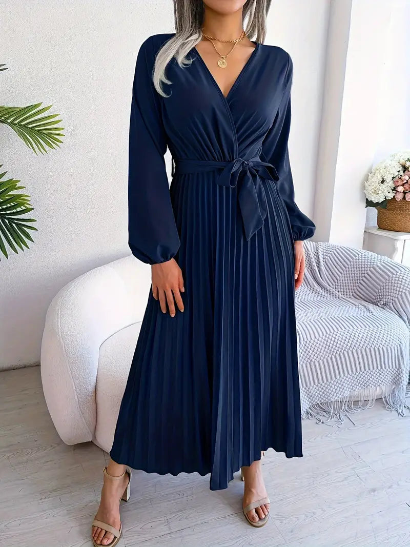 Wrap V-Neck Long Sleeve Pleated Tie Waist Maxi Dress - View 7