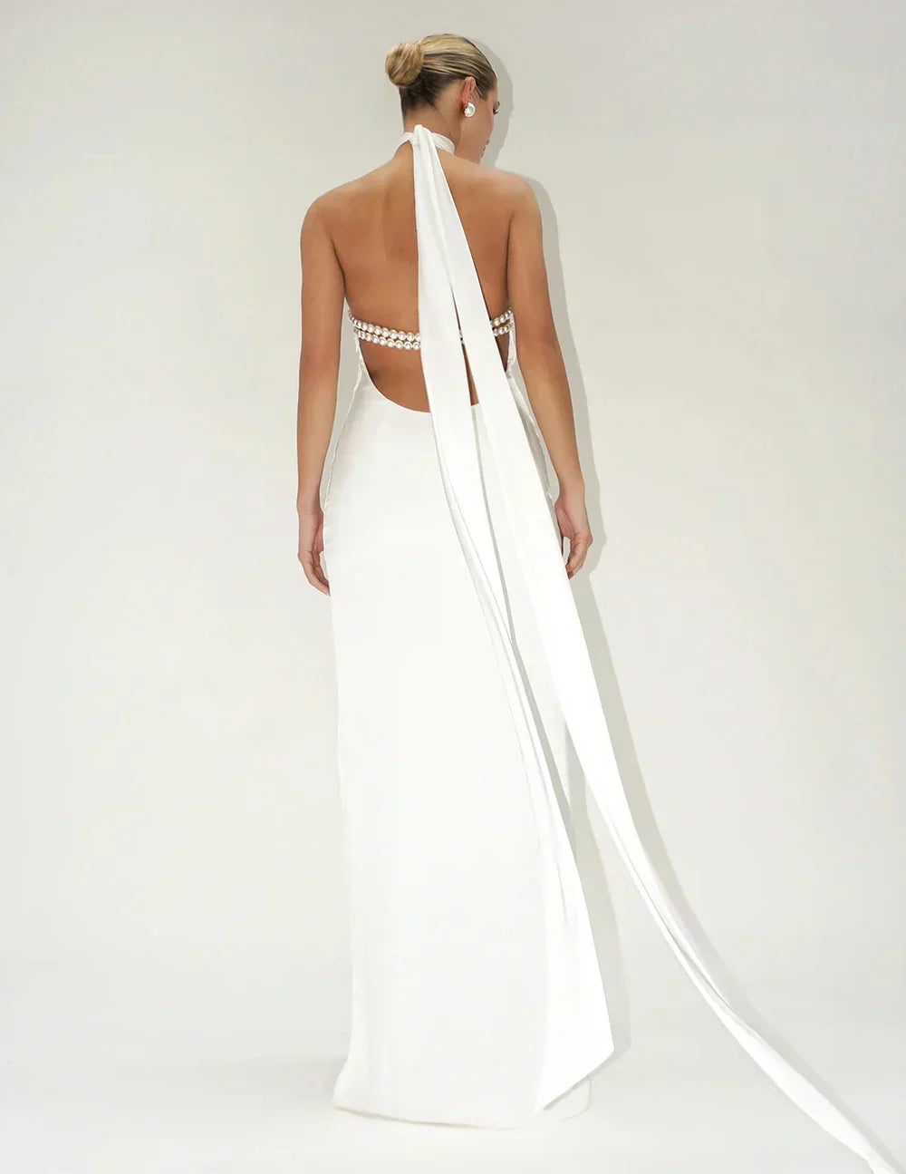 Satin Halter Neck Backless Pearl Strap Maxi Gown - View 3