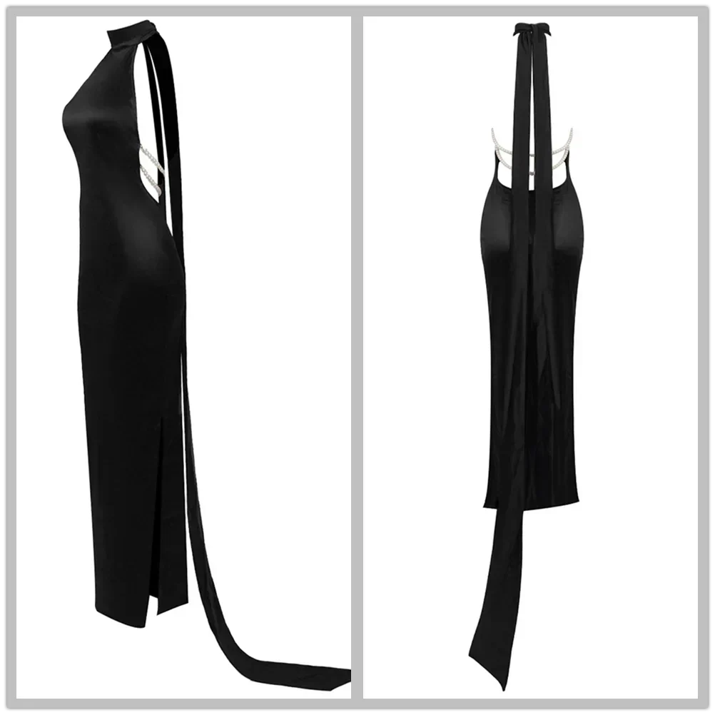 Satin Halter Neck Backless Pearl Strap Maxi Gown - View 19