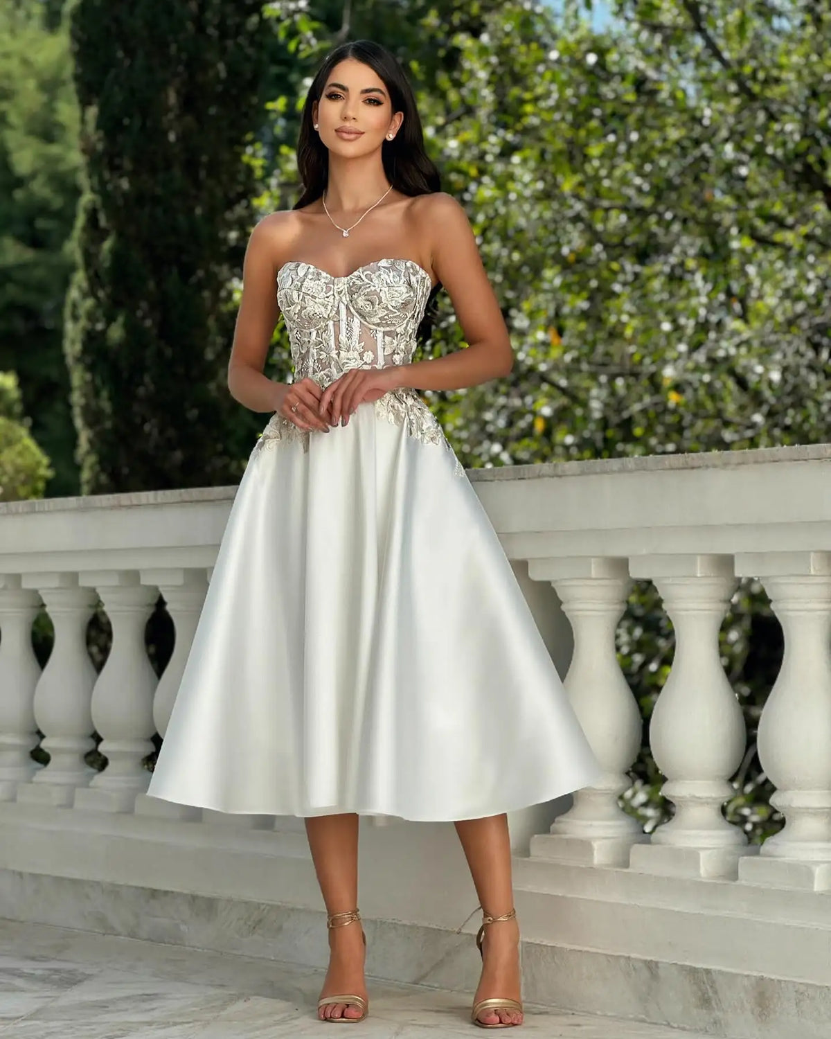 Satin Strapless Floral Applique Corset Ball Gown - View 4
