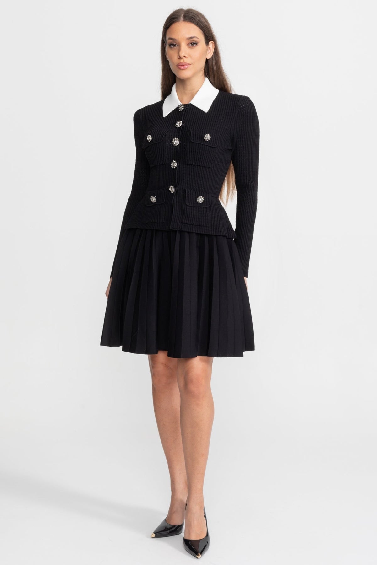 Ribbed Knit Mini Dress with Contrast Collar and Pleated Skirt – Black - View 3