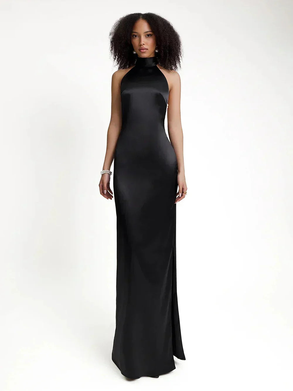 Satin Halter Neck Backless Pearl Strap Maxi Gown - View 9
