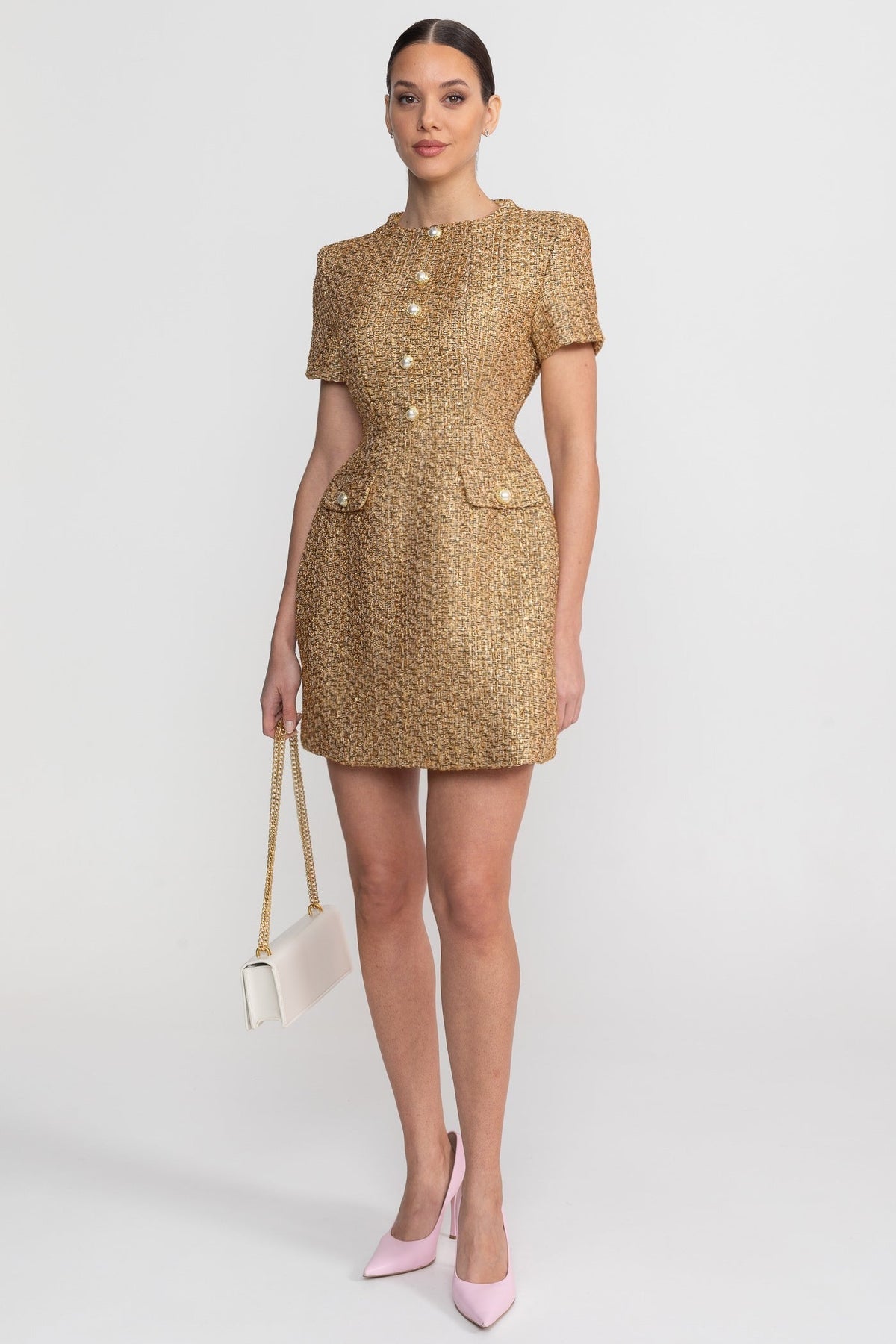 Tweed Mock Neck Short Sleeve Pearl Button A-Line Mini Dress - View 4