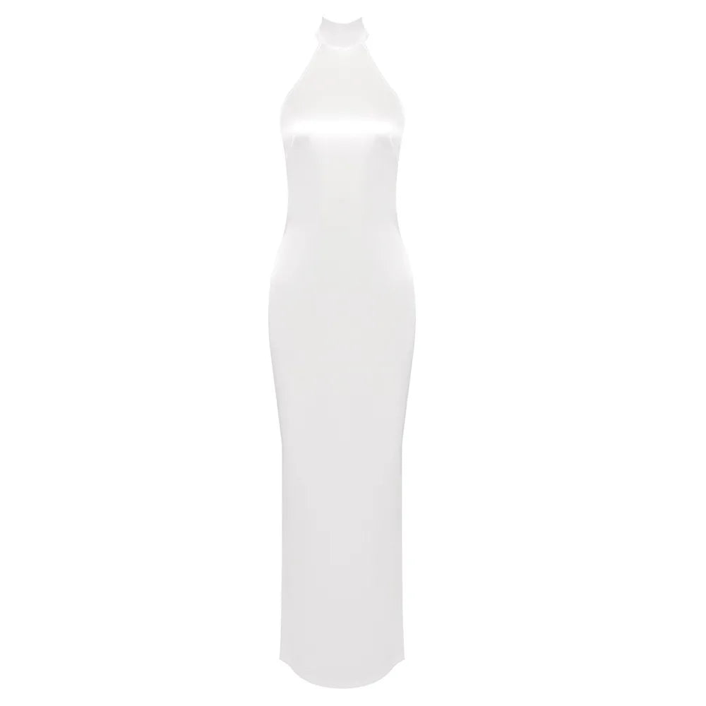 Satin Halter Neck Backless Pearl Strap Maxi Gown - View 17