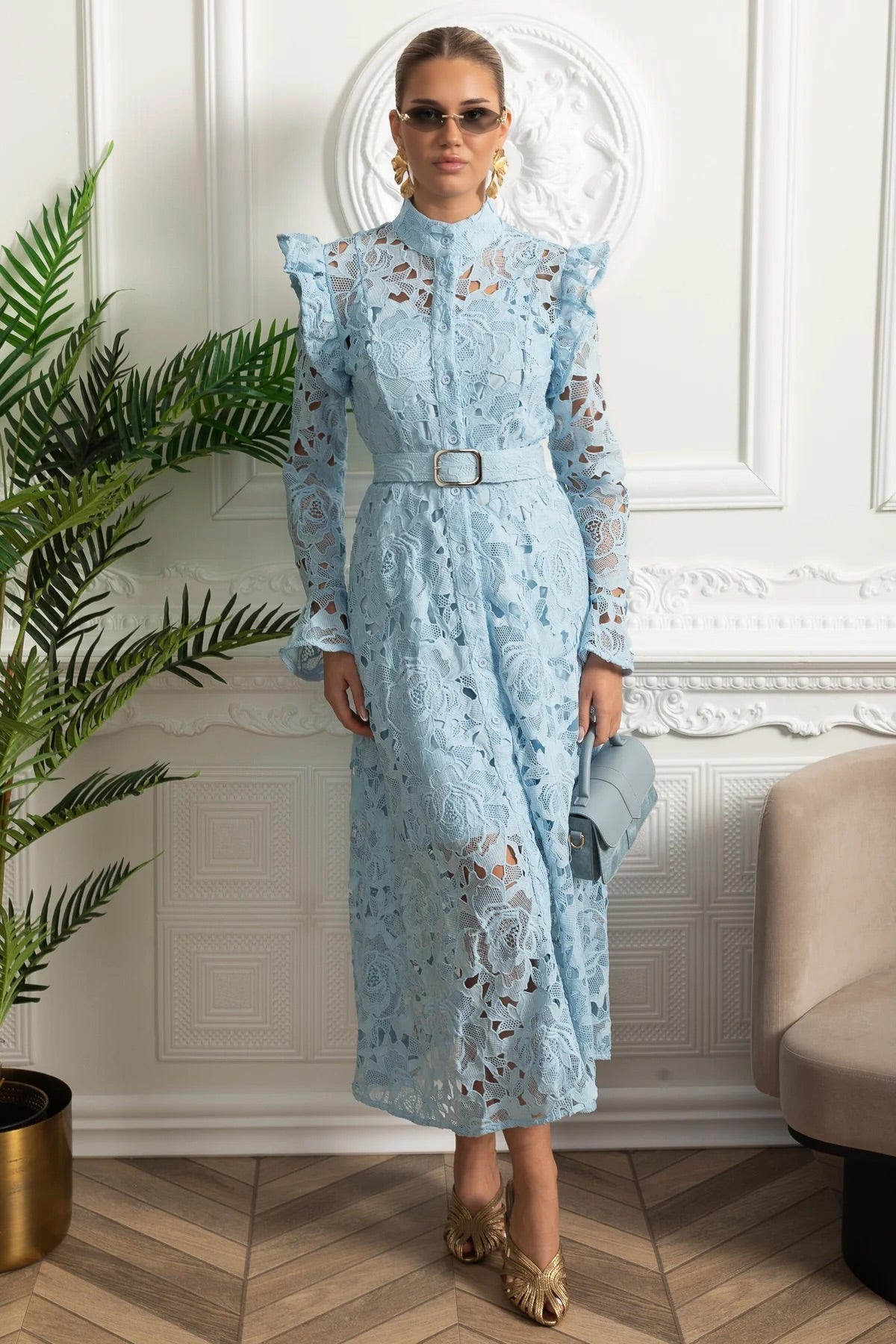 Lace Midi Dress with Ruffled Shoulders and Floral Detailing - Blue