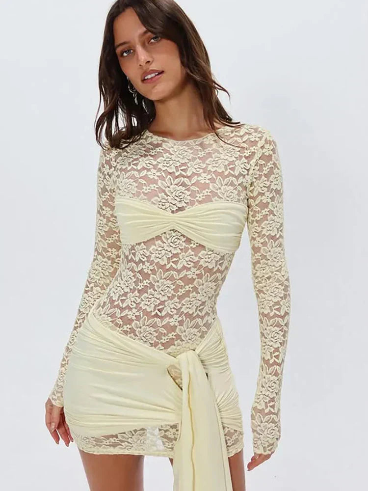 Floral Lace Overlay Tie Front Long Sleeve Bandage Mini Dress