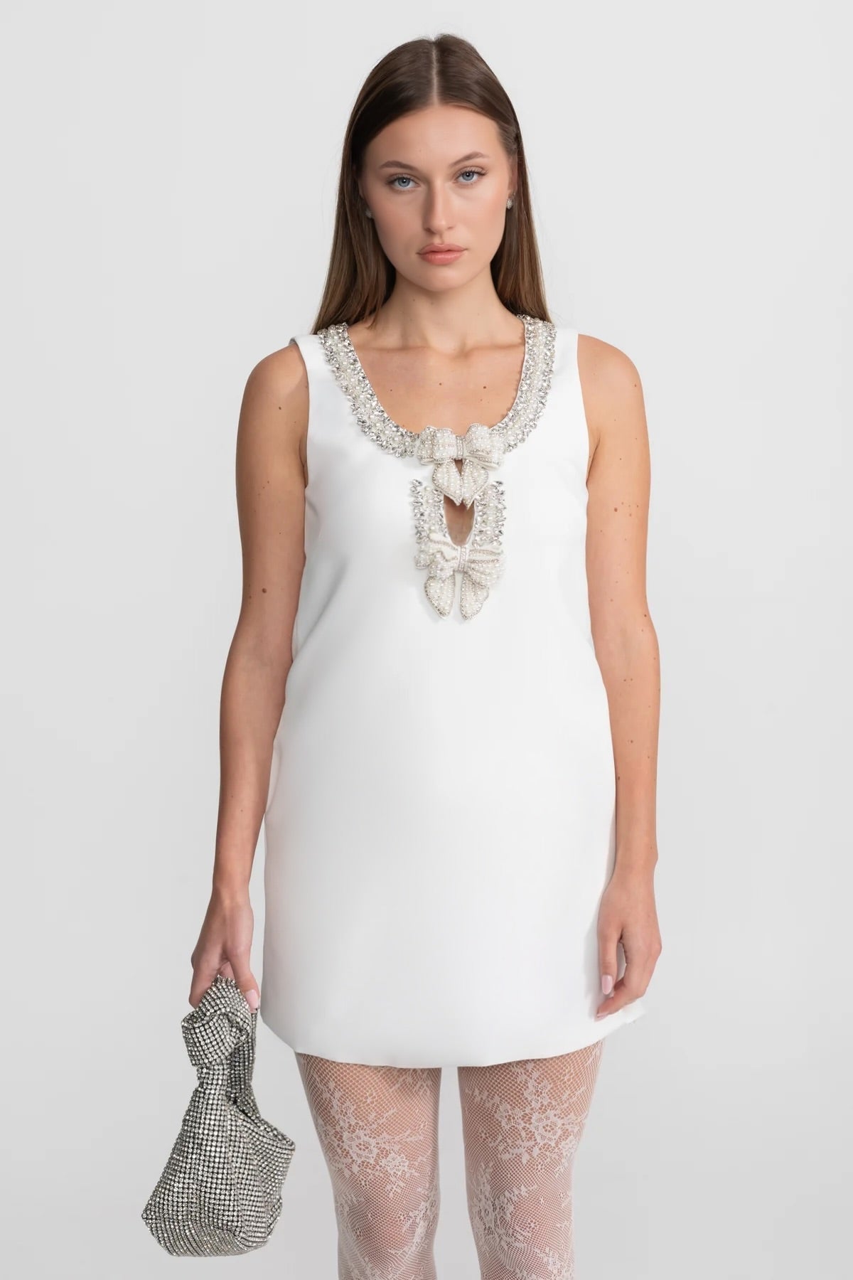 Sleeveless Scoop Neck Pearl Rhinestone Bow Keyhole Bodycon Mini Dress